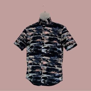 Alfani Short Sleeve Patterned Shirt with Dark Navy and Multi Color Washes Small